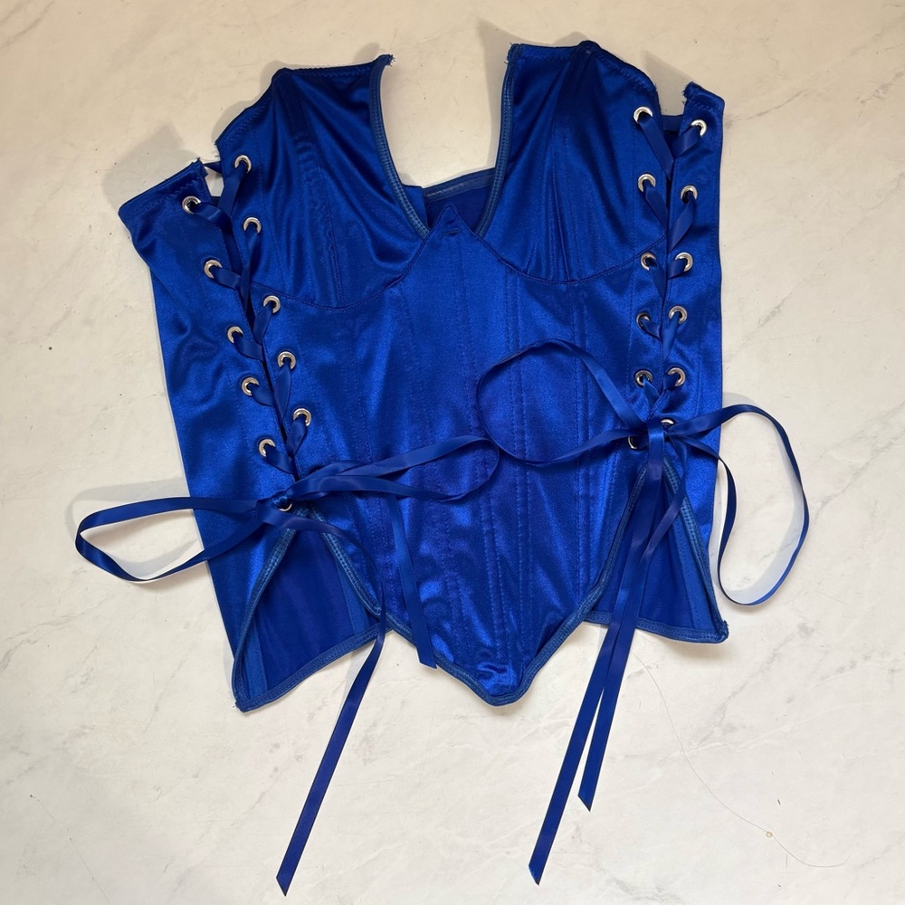 SHEIN Blue Satin Lace Up Corset Top Club Party Y2K Grunge Punk Goth